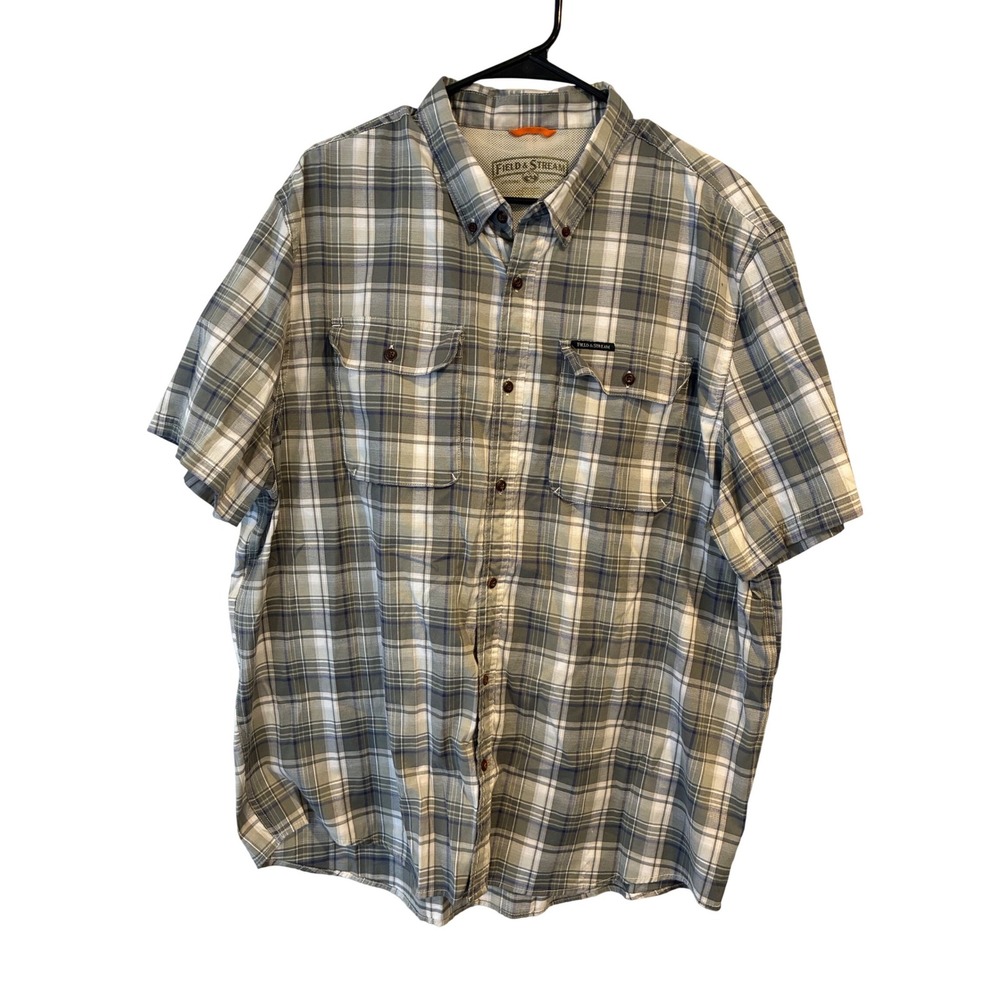 Field & Stream Mens XXL Gray Plaid Short Sleeve Button Down Fishing Shirt